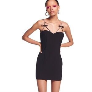 AREA NYC Crystal Bow Strap Mini Dress Black Virgin Wool Blend Size M